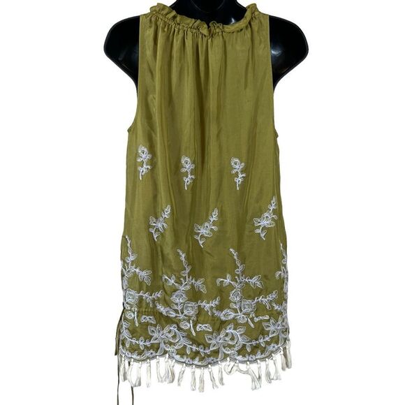 David Meister Chartreuse Embroidered Tunic Top Silk Shift Mini Dress - Picture 12 of 12